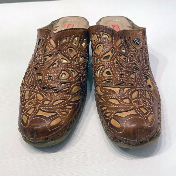 Pikolinos Women's Wedge Mule Slip On Leather Laser Cut Brown Wedges Size 6 / 6.5 - Picture 1 of 8
